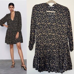 Zara Animal Print Dress V Neck Black Tan Flounce Swing Tiered Skirt Leopard Sz S
